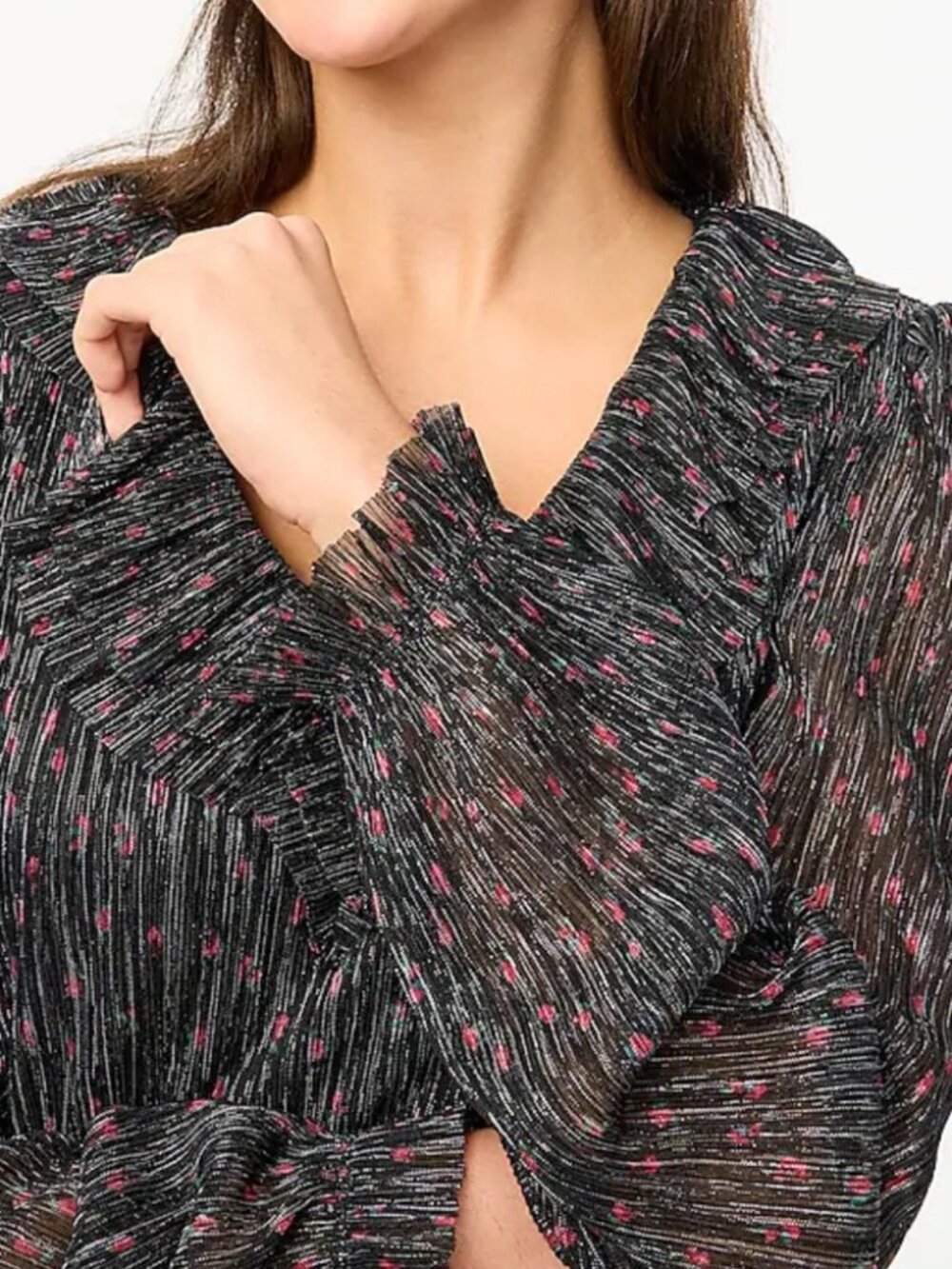 NWT J. Crew women's Black Shimmer Ruffle Bright Rose Floral Ruffle Blouse S